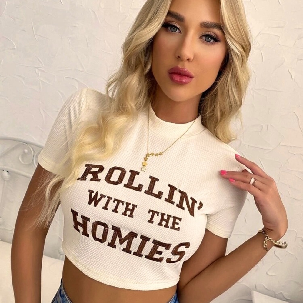 2 pc Beige and Brown “Rolling with the homies” cropped top and skirt set